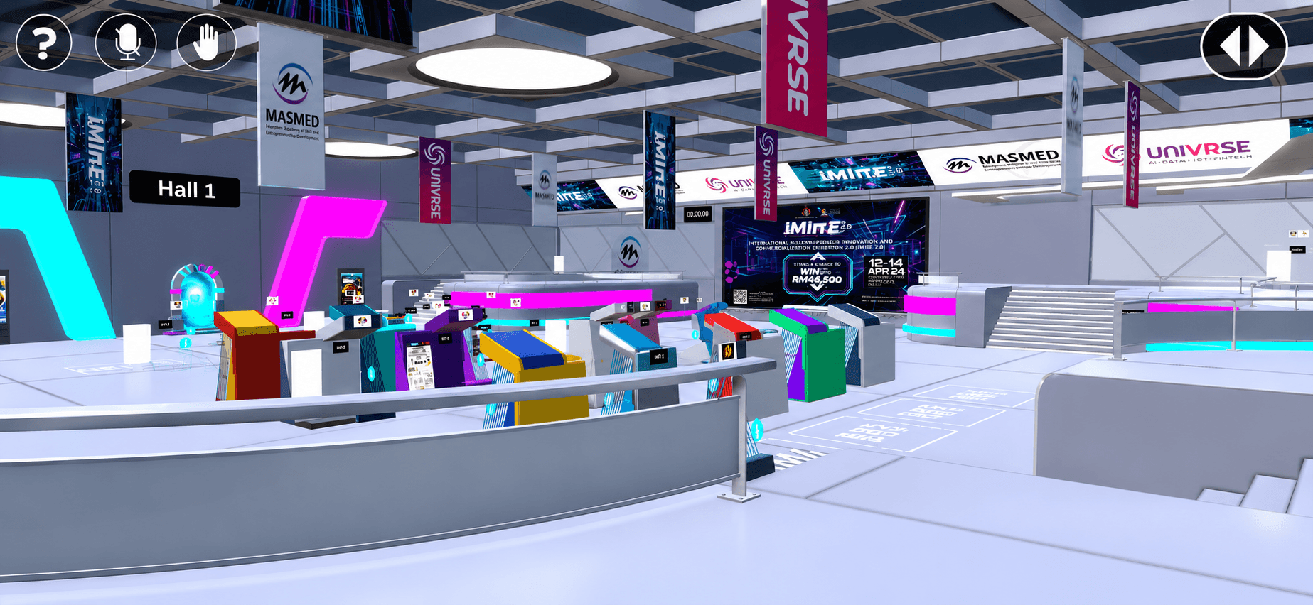 An immersive metaverse virtual environment with glowing interfaces